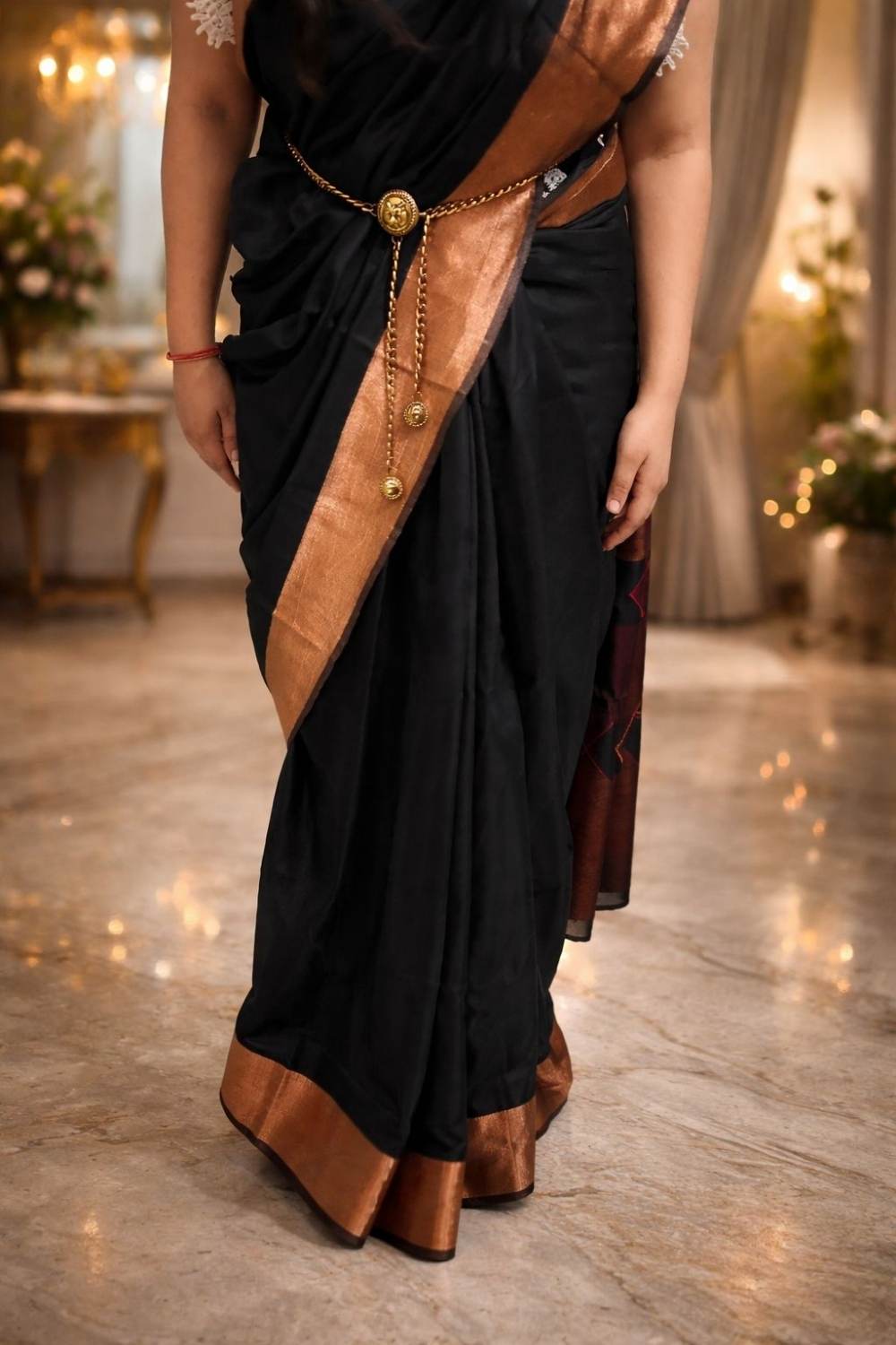 Black Chanderi Cotton Saree with Multicolour Pallu & Zari Border
