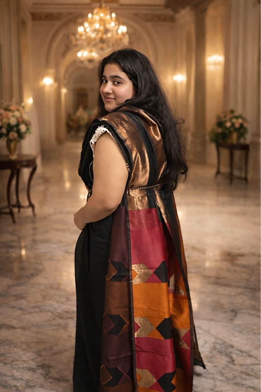 Black Chanderi Cotton Saree with Multicolour Pallu & Zari Border