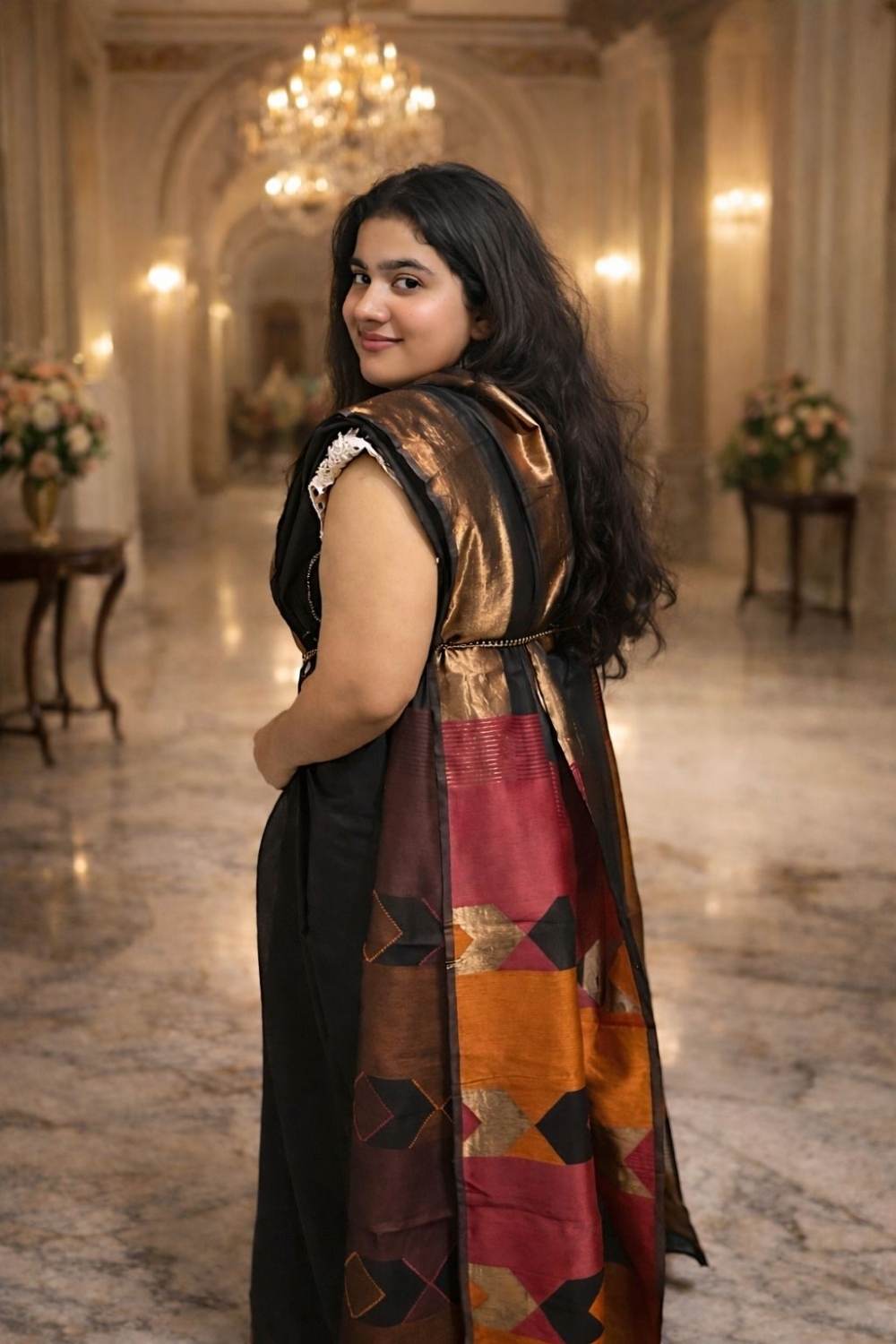 Black Chanderi Cotton Saree with Multicolour Pallu & Zari Border