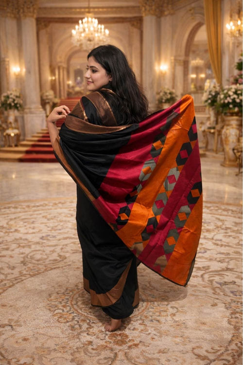 Black Chanderi Cotton Saree with Multicolour Pallu & Zari Border