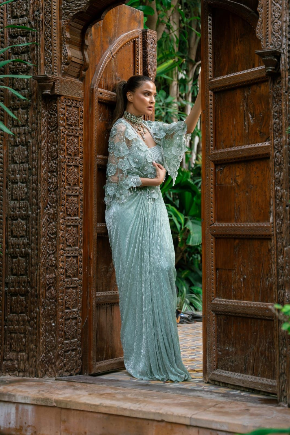 Emerald Ethereal | Sage Green Pre-Draped Saree with Embroidered Cape