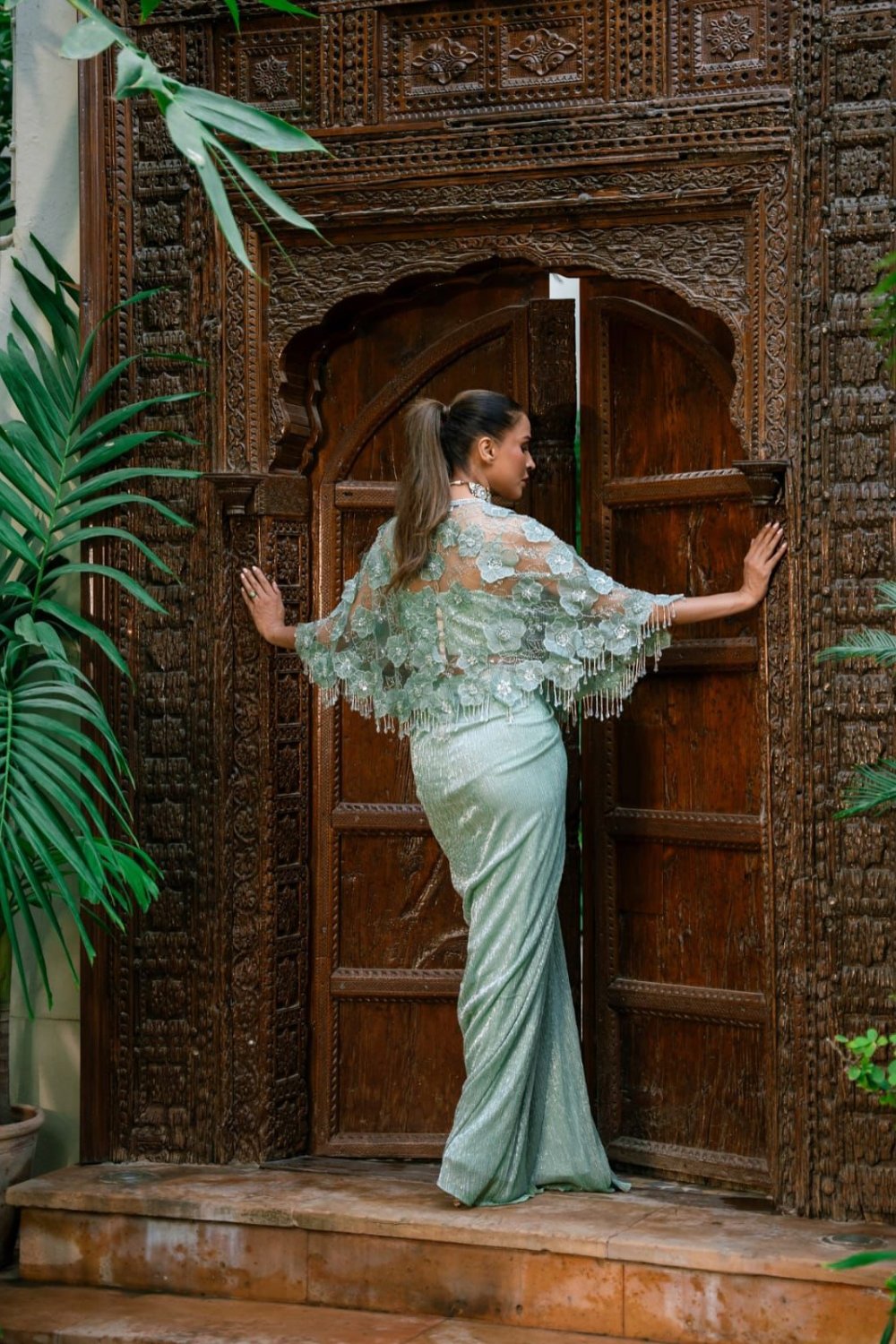 Emerald Ethereal | Sage Green Pre-Draped Saree with Embroidered Cape
