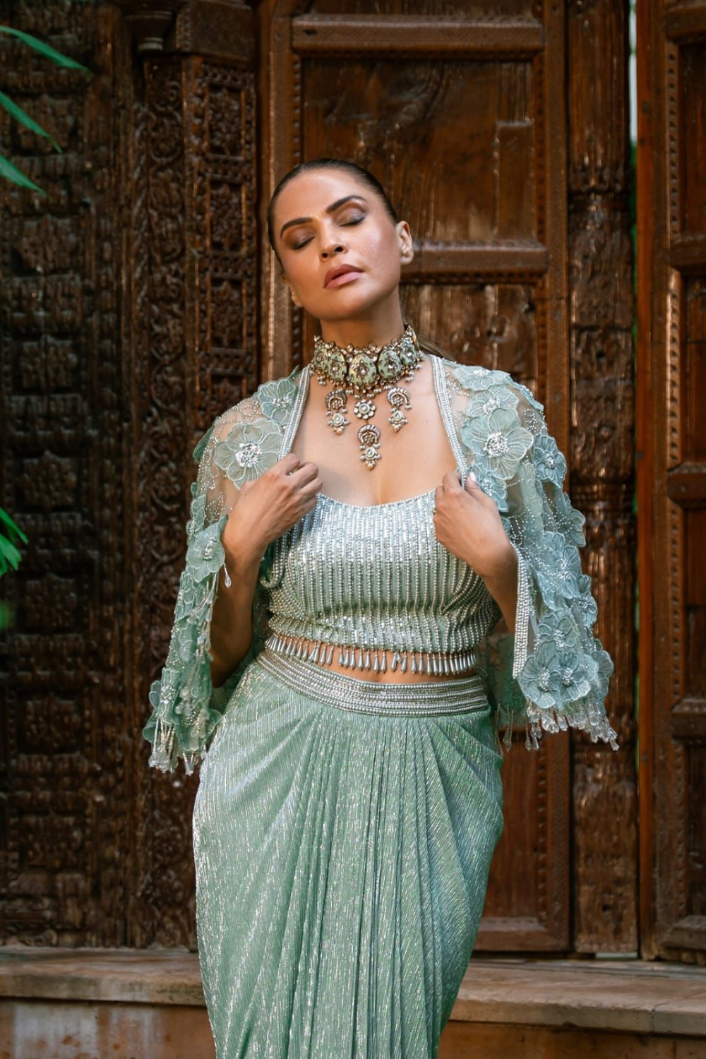 Emerald Ethereal | Sage Green Pre-Draped Saree with Embroidered Cape