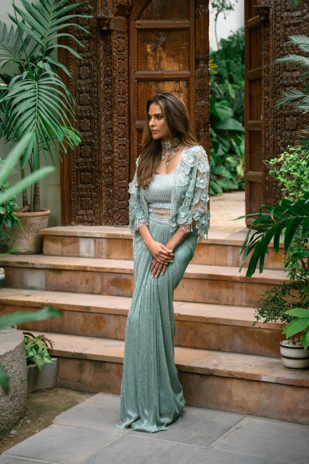 Emerald Ethereal | Sage Green Pre-Draped Saree with Embroidered Cape