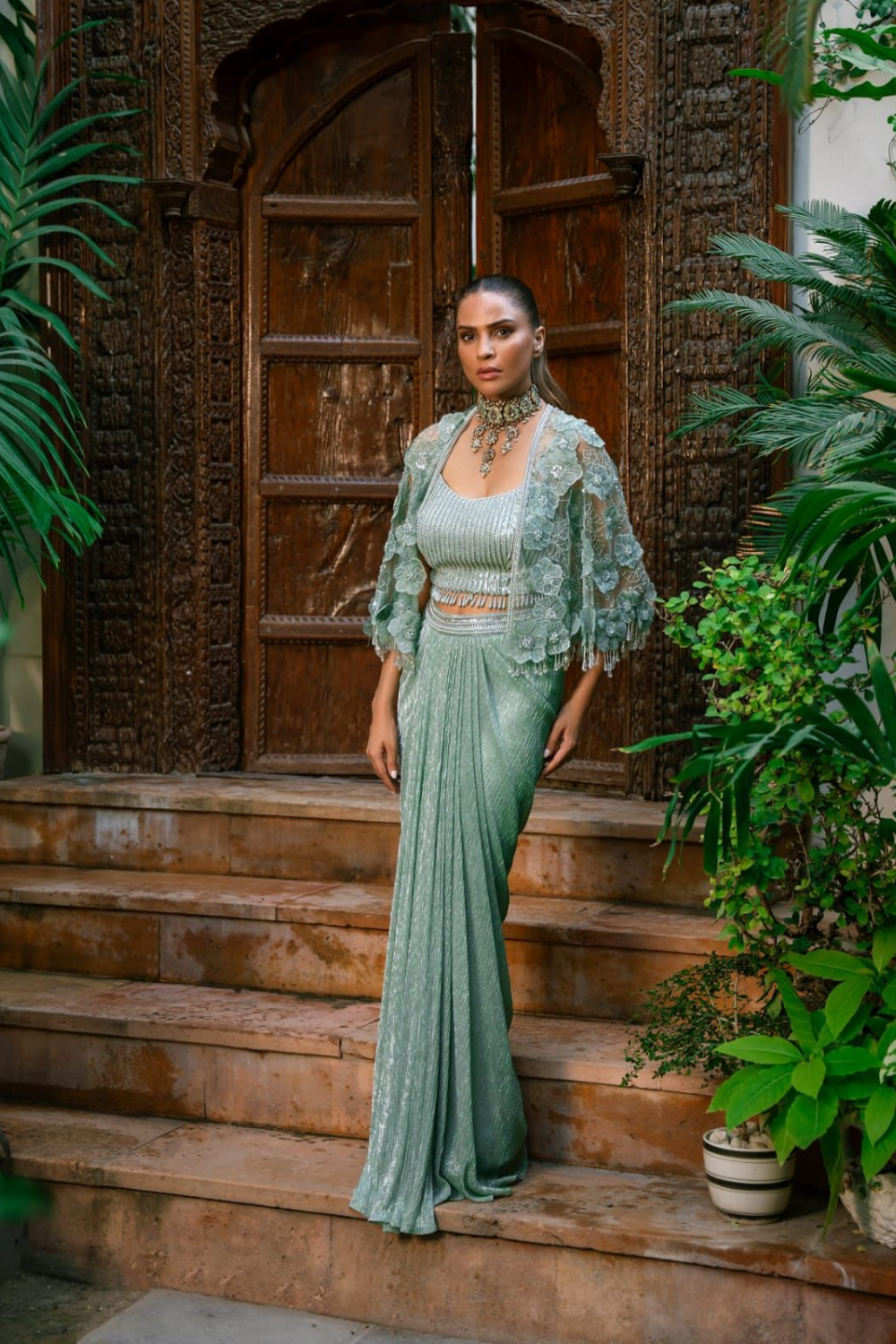 Emerald Ethereal | Sage Green Pre-Draped Saree with Embroidered Cape