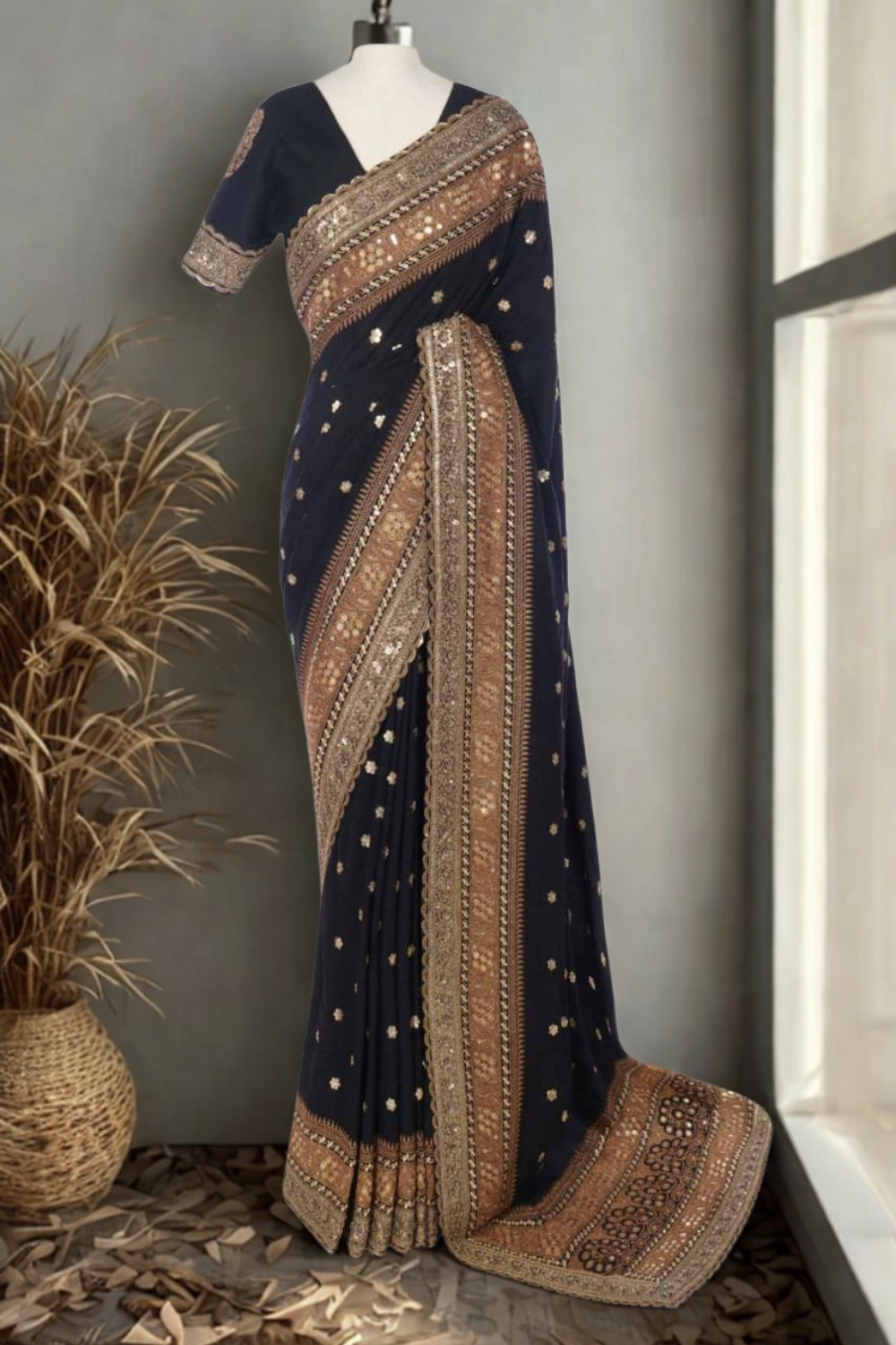 Midnight Mukaish | Hand-Embroidered Heritage Silk Saree