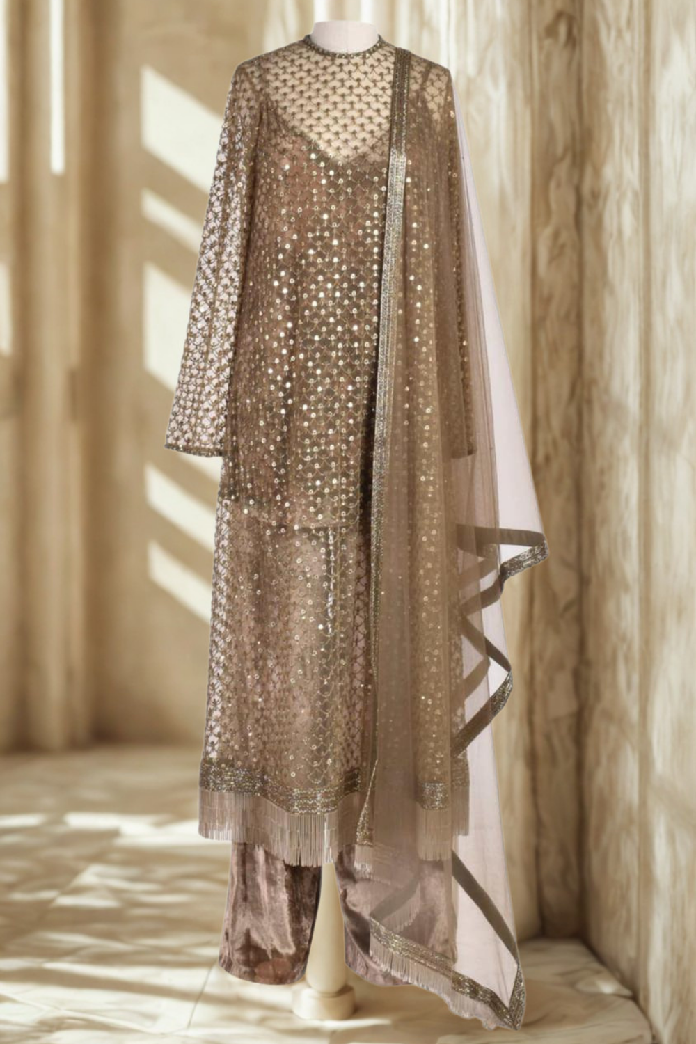 Zar-e-Sitar | Champagne Gold Sequin & Fringe Sharara Set