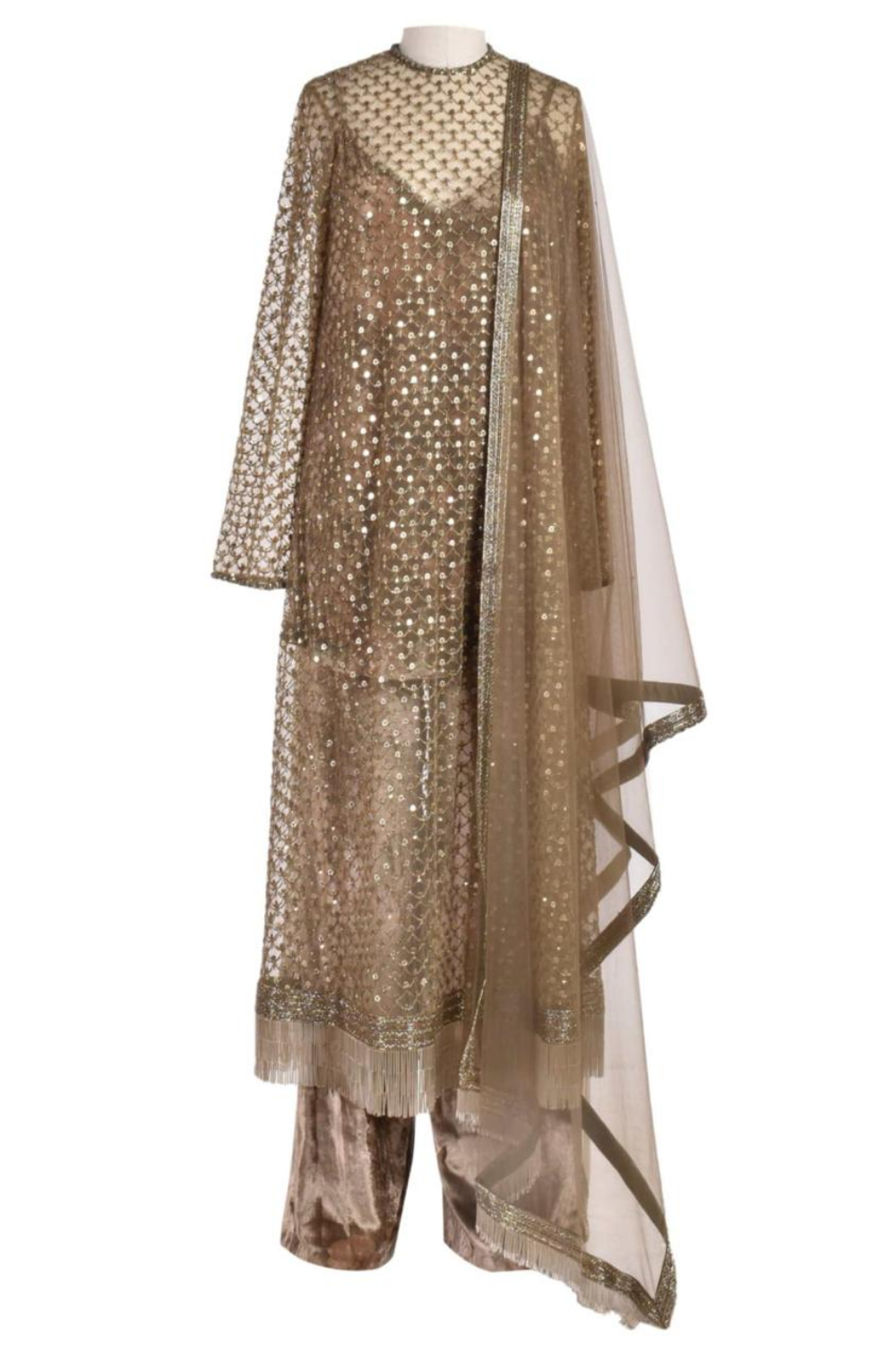 Zar-e-Sitar | Champagne Gold Sequin & Fringe Sharara Set