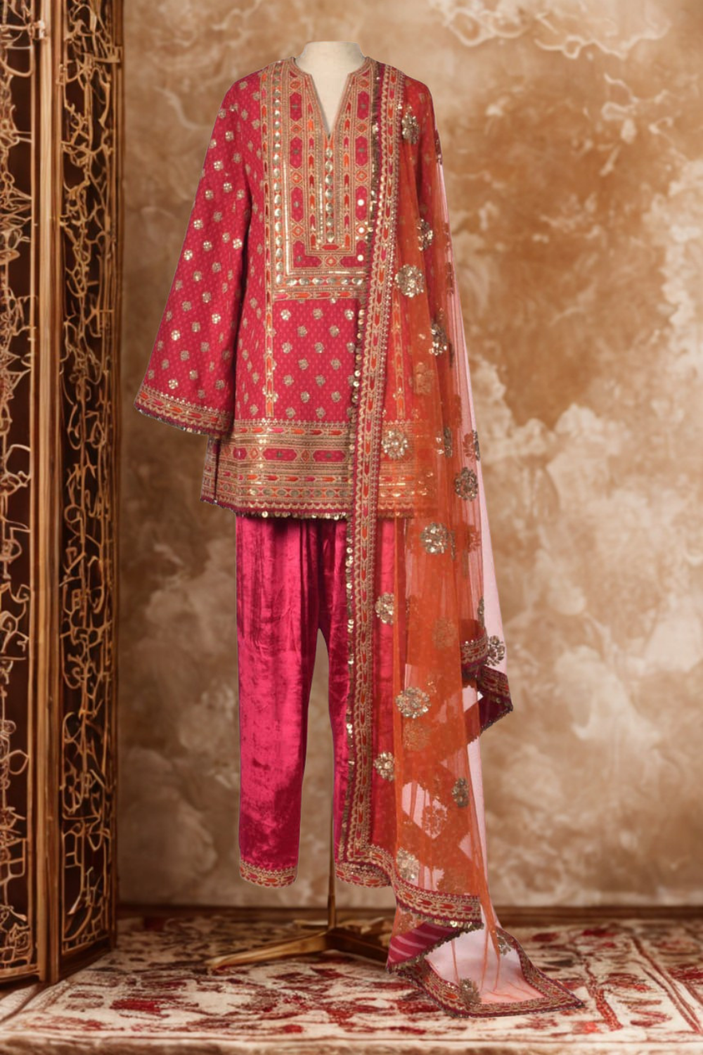 Gul-e-Rani | Royal Fuchsia & Tangerine Hand-Embroidered Suit