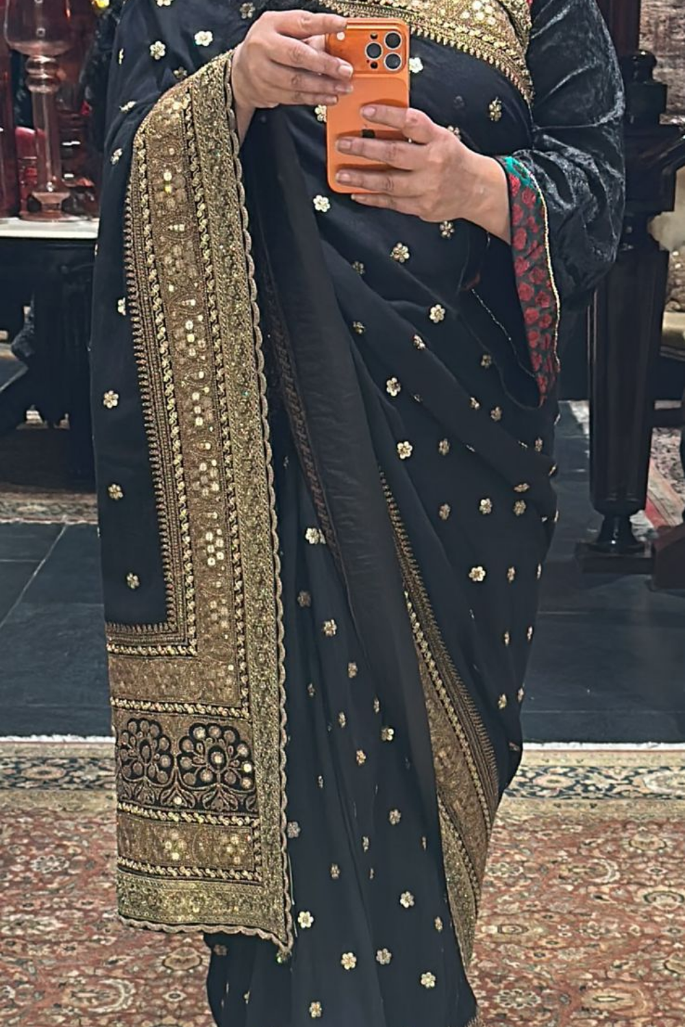 Midnight Mukaish | Hand-Embroidered Heritage Silk Saree