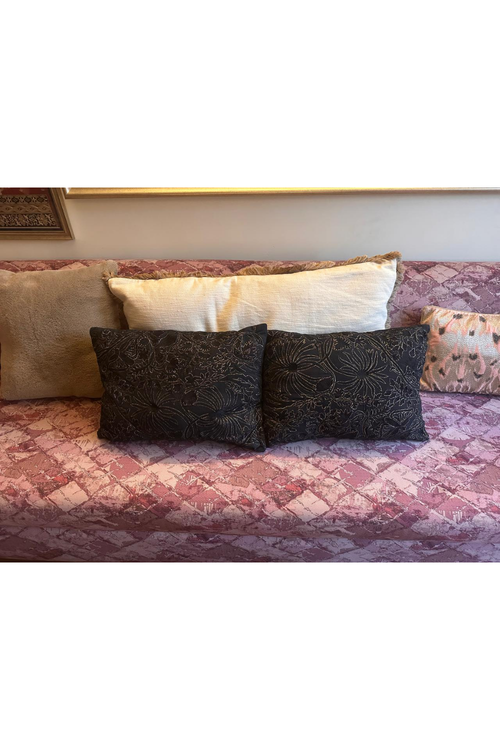 Black Linen Cushion Covers with Machine Zari Embroidery (Set of 2)