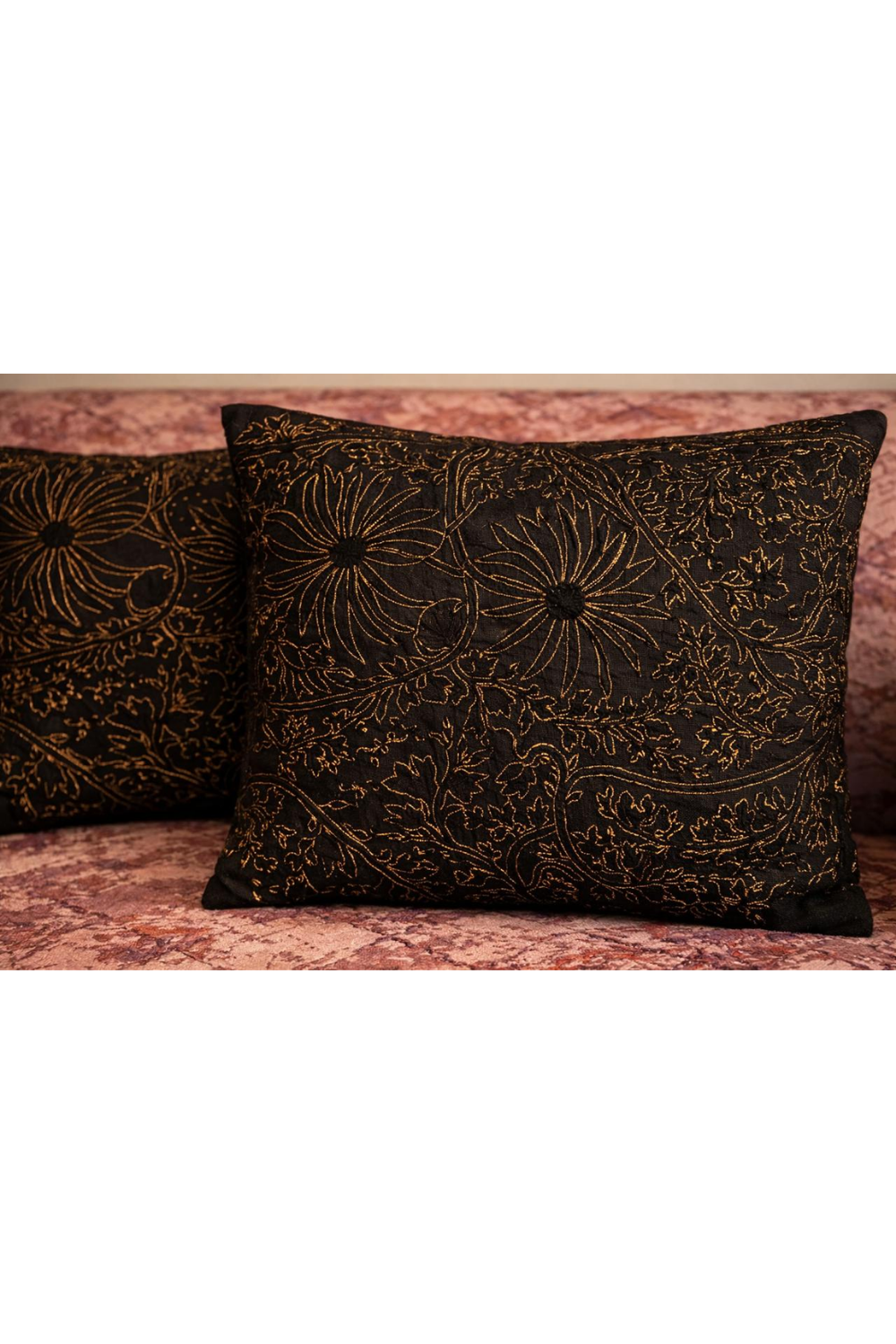 Black Linen Cushion Covers with Machine Zari Embroidery (Set of 2)
