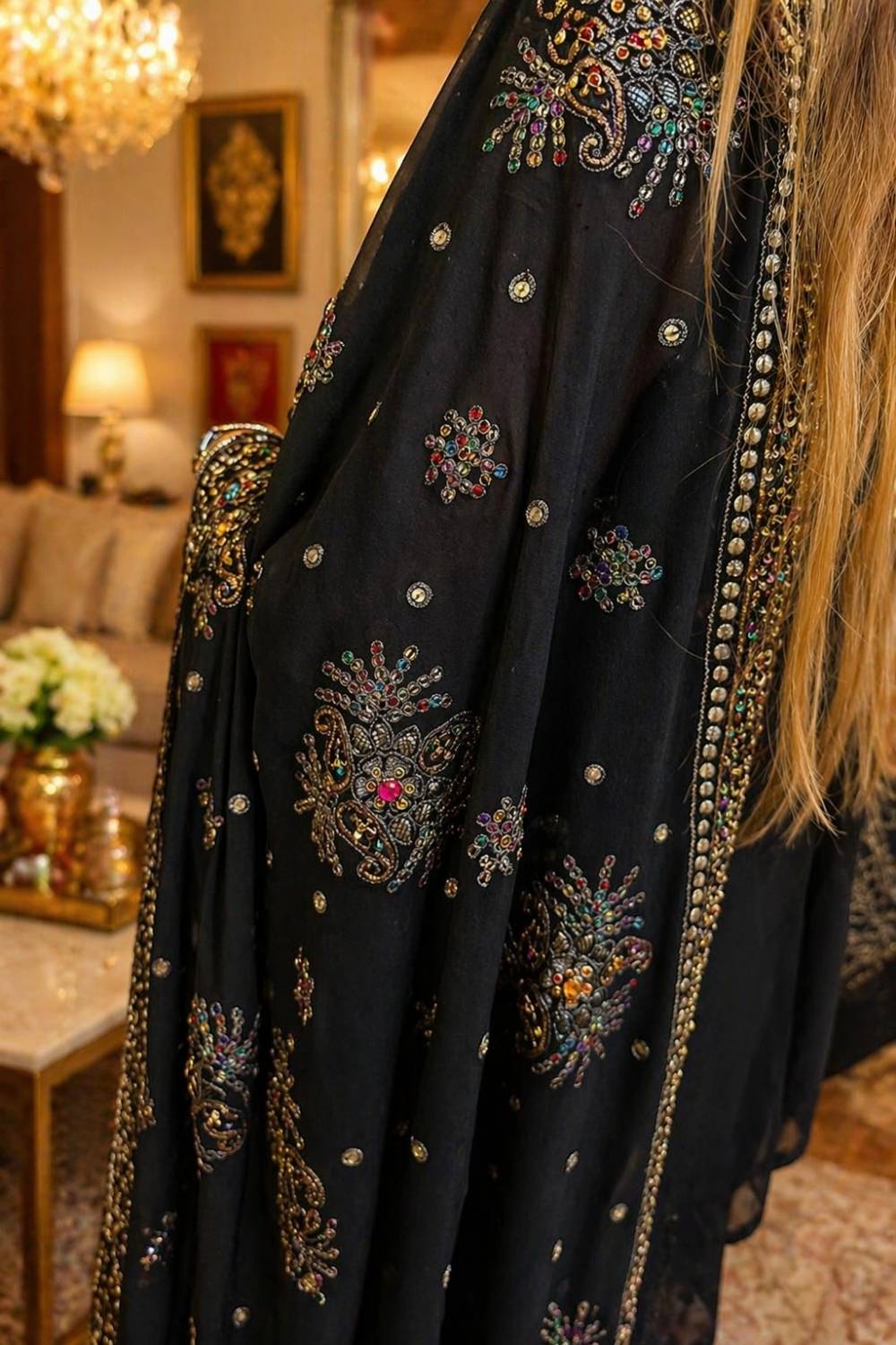 Afsana Pure Elegance | Midnight Black Pre-Draped Georgette Saree with Mirror Work