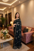 Afsana Pure Elegance | Midnight Black Pre-Draped Georgette Saree with Mirror Work