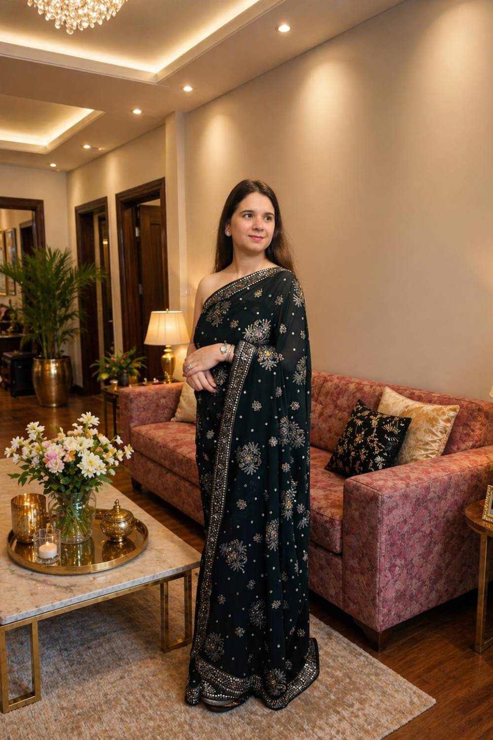 Afsana Pure Elegance | Midnight Black Pre-Draped Georgette Saree with Mirror Work