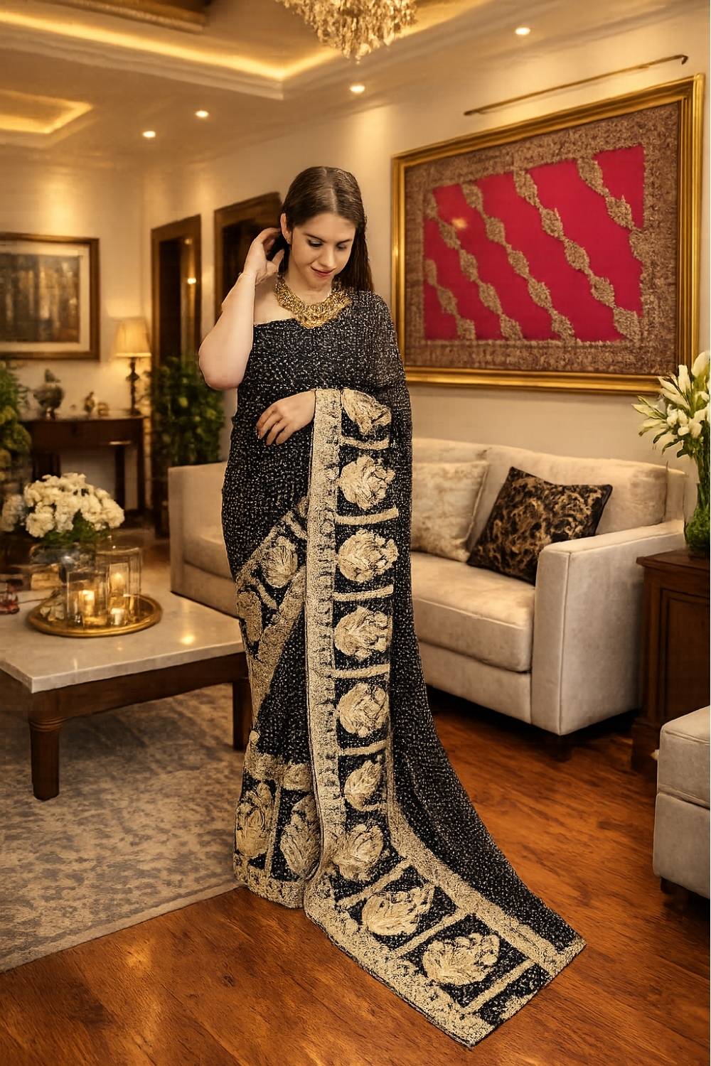 Zar-e-Siyah | Black Georgette Saree with Heritage Gold Border