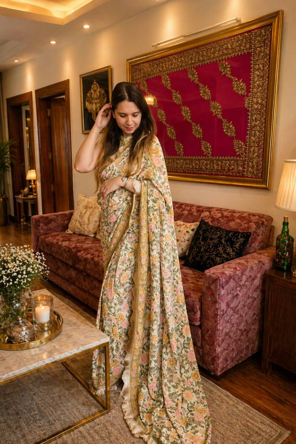Basant-e-Bahar | Pure Crepe Pre-Draped Saree with Floral Waistcoat Blouse