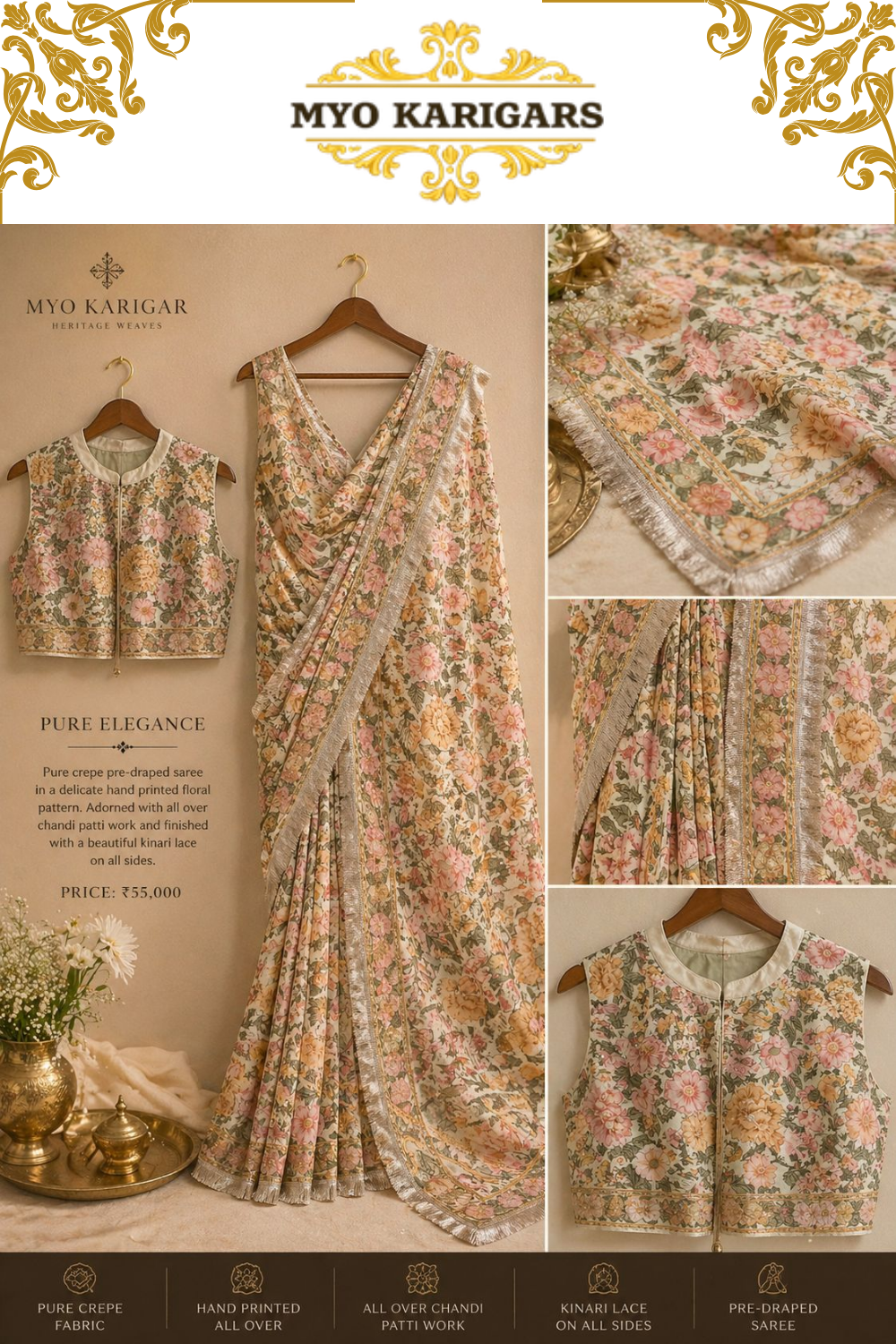 Basant-e-Bahar | Pure Crepe Pre-Draped Saree with Floral Waistcoat Blouse