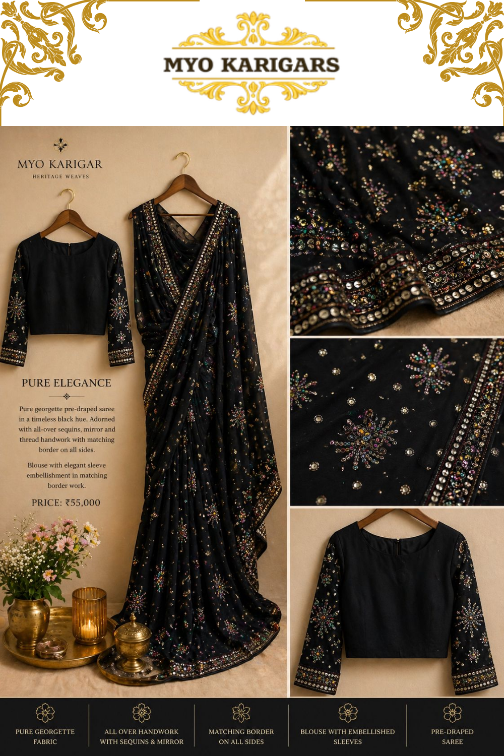 Afsana Pure Elegance | Midnight Black Pre-Draped Georgette Saree with Mirror Work