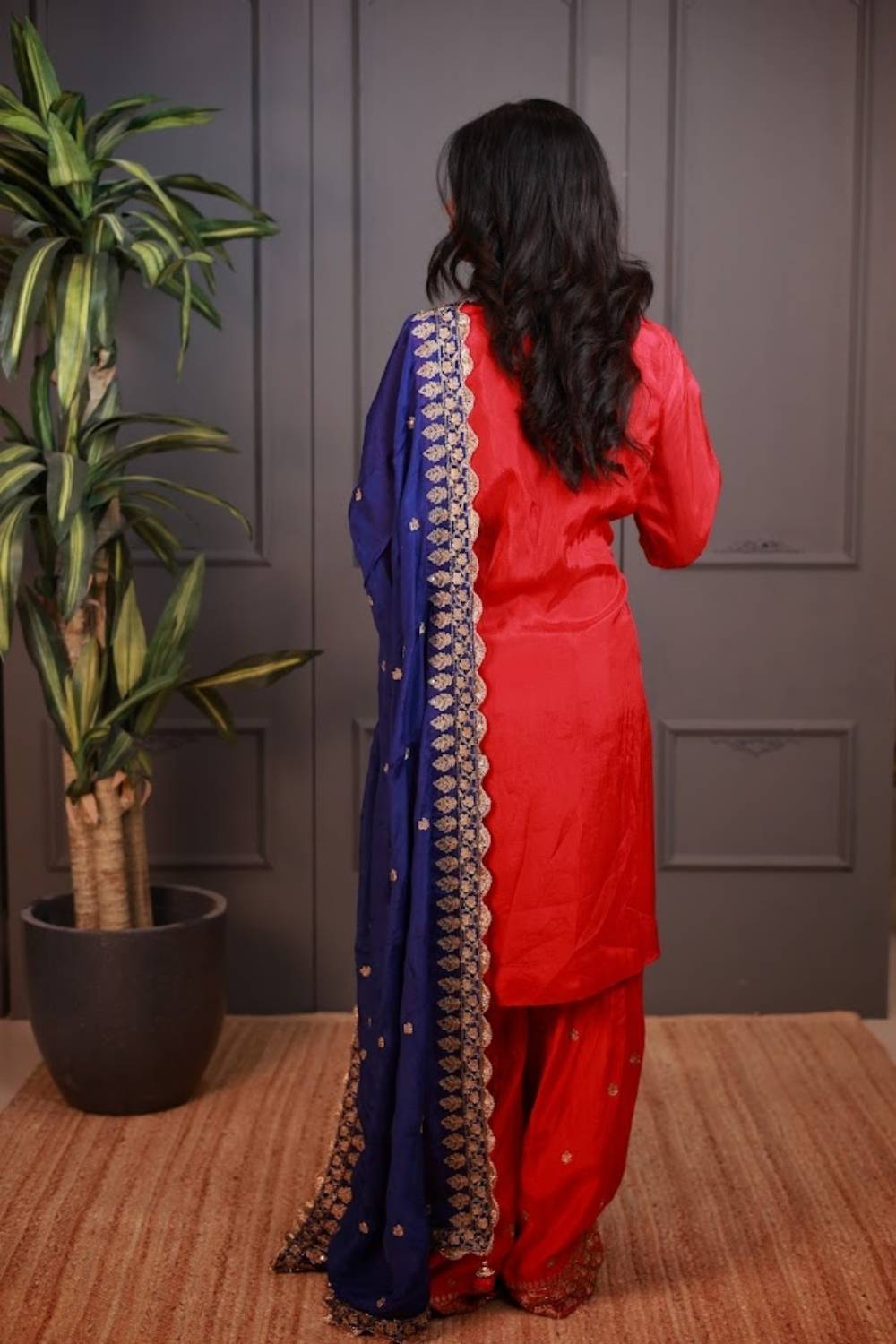 Mayur Pankh | Crimson Floral Kurta Sharara Set with Royal Blue Dupatta