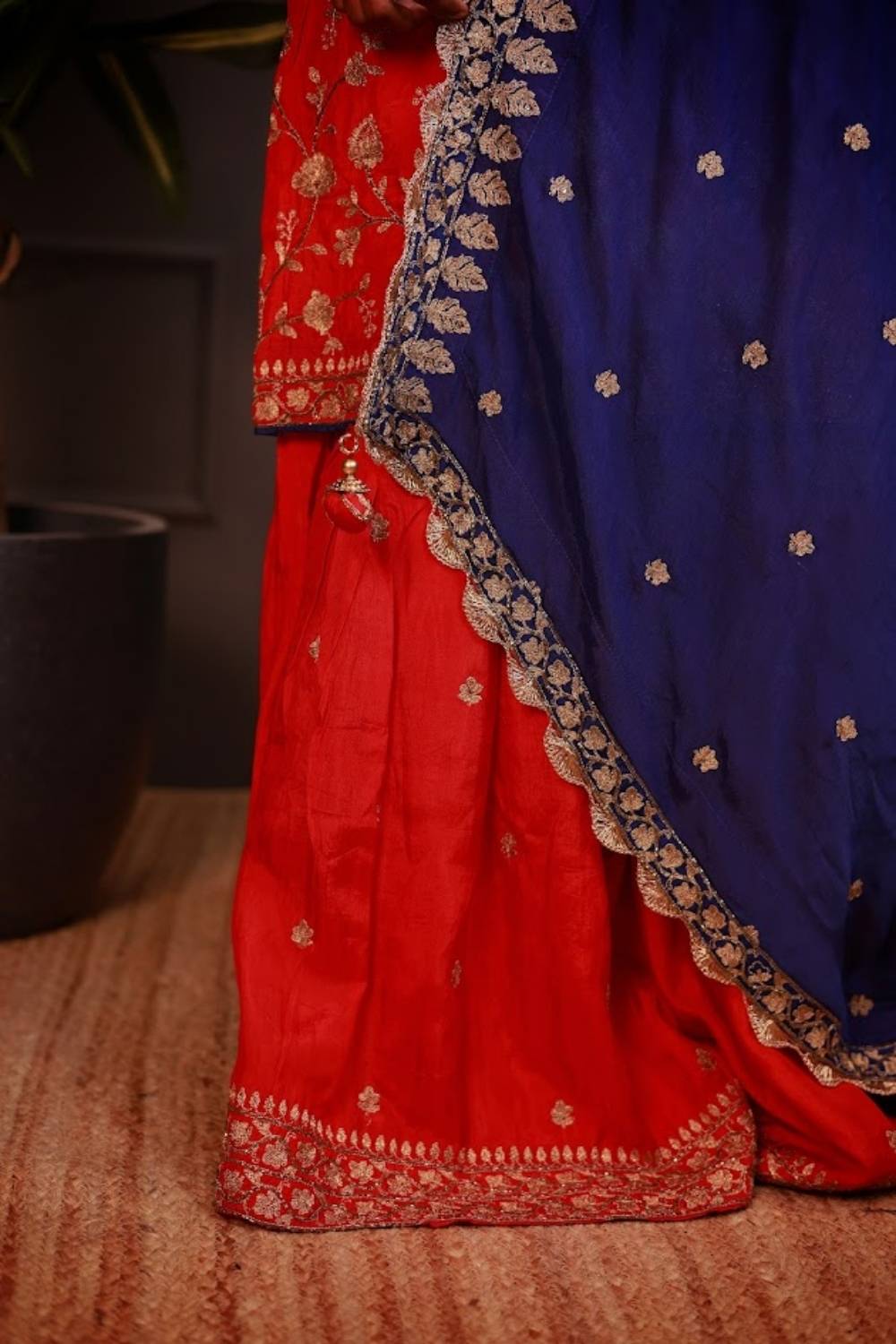 Mayur Pankh | Crimson Floral Kurta Sharara Set with Royal Blue Dupatta