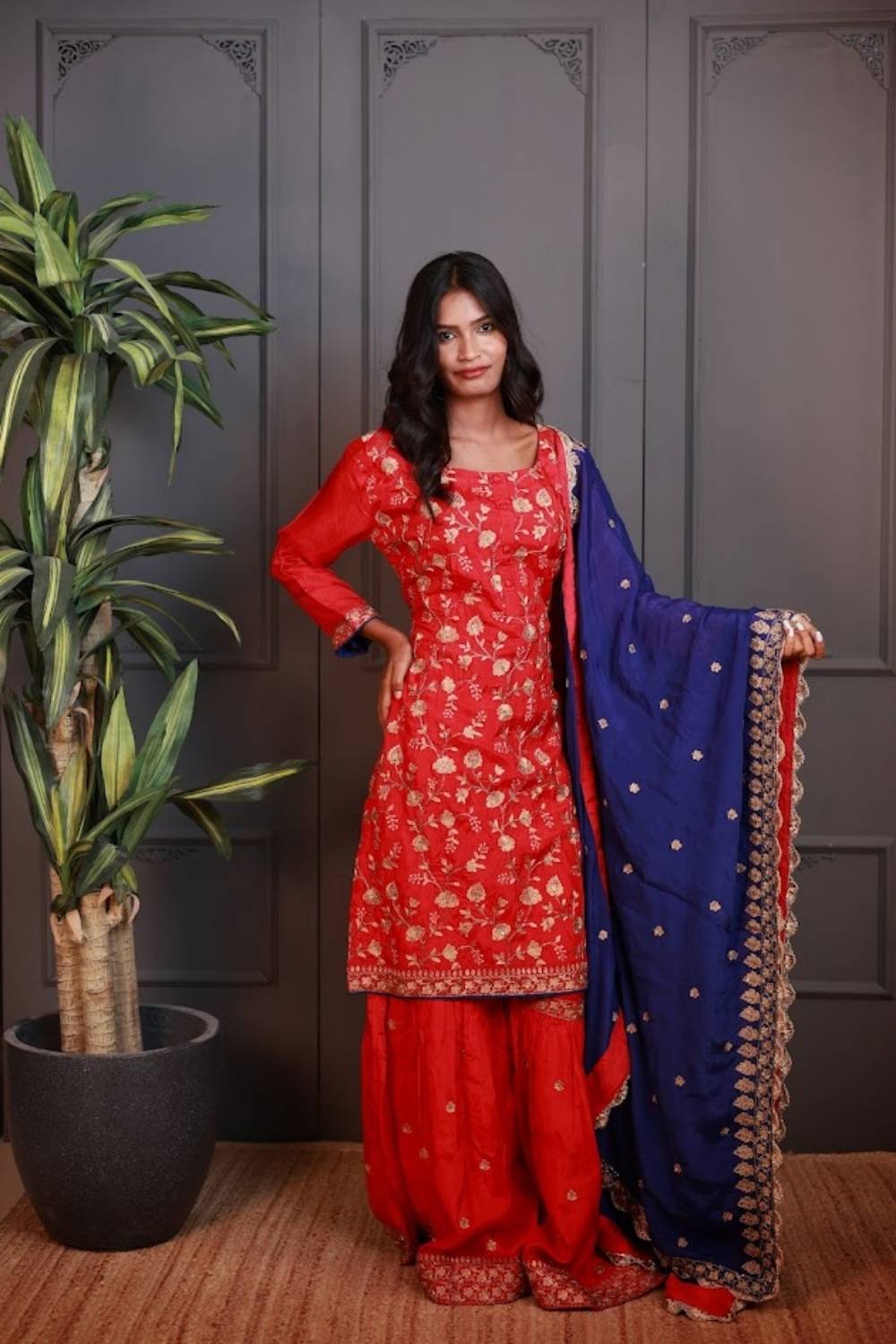 Mayur Pankh | Crimson Floral Kurta Sharara Set with Royal Blue Dupatta