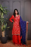 Mayur Pankh | Crimson Floral Kurta Sharara Set with Royal Blue Dupatta