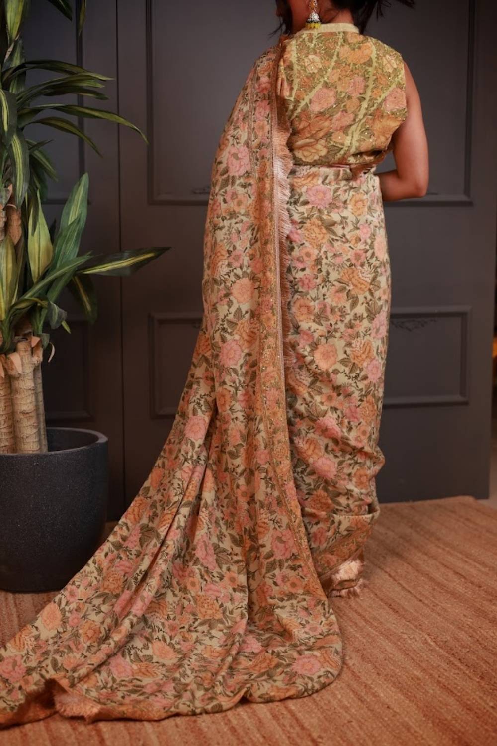 Basant-e-Bahar | Pure Crepe Pre-Draped Saree with Floral Waistcoat Blouse