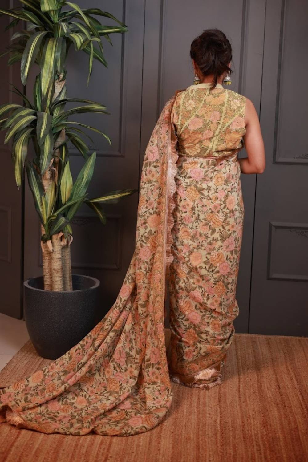 Basant-e-Bahar | Pure Crepe Pre-Draped Saree with Floral Waistcoat Blouse