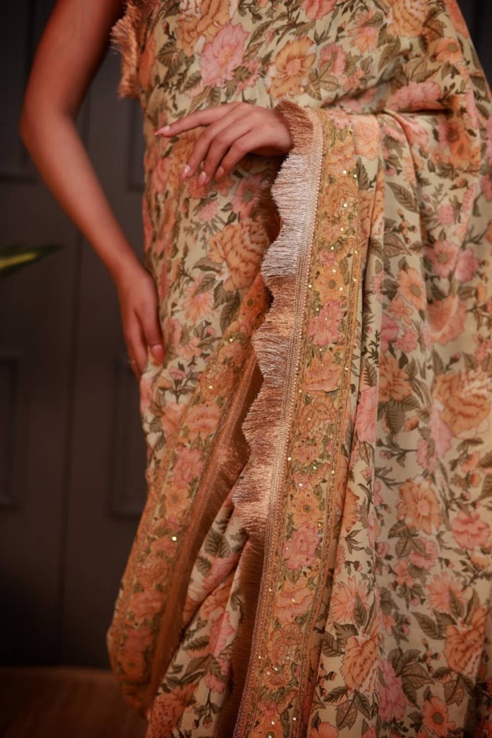 Basant-e-Bahar | Pure Crepe Pre-Draped Saree with Floral Waistcoat Blouse