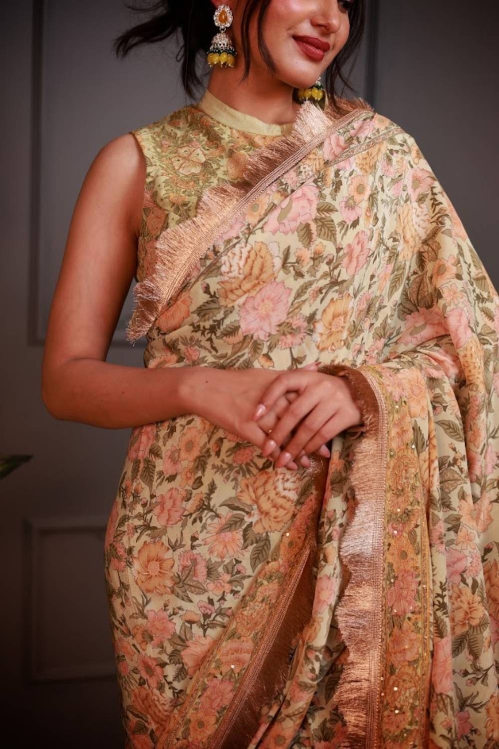 Basant-e-Bahar | Pure Crepe Pre-Draped Saree with Floral Waistcoat Blouse