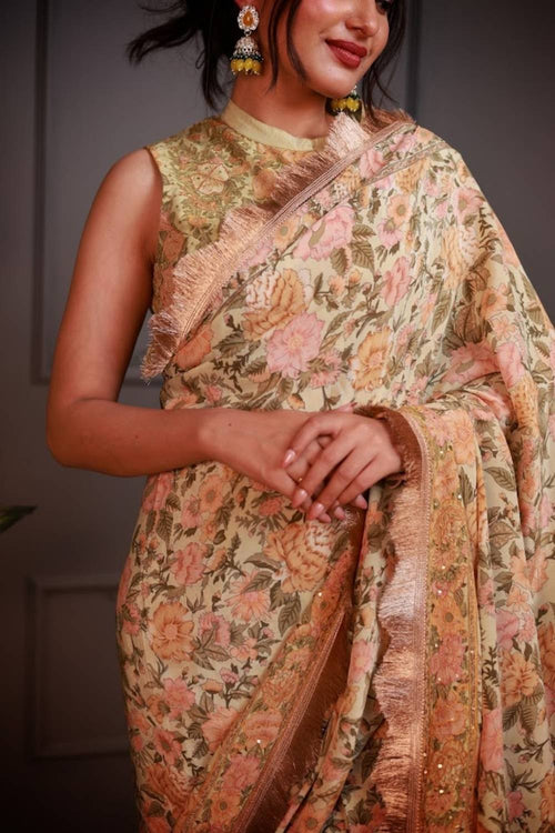 Basant-e-Bahar | Pure Crepe Pre-Draped Saree with Floral Waistcoat Blouse