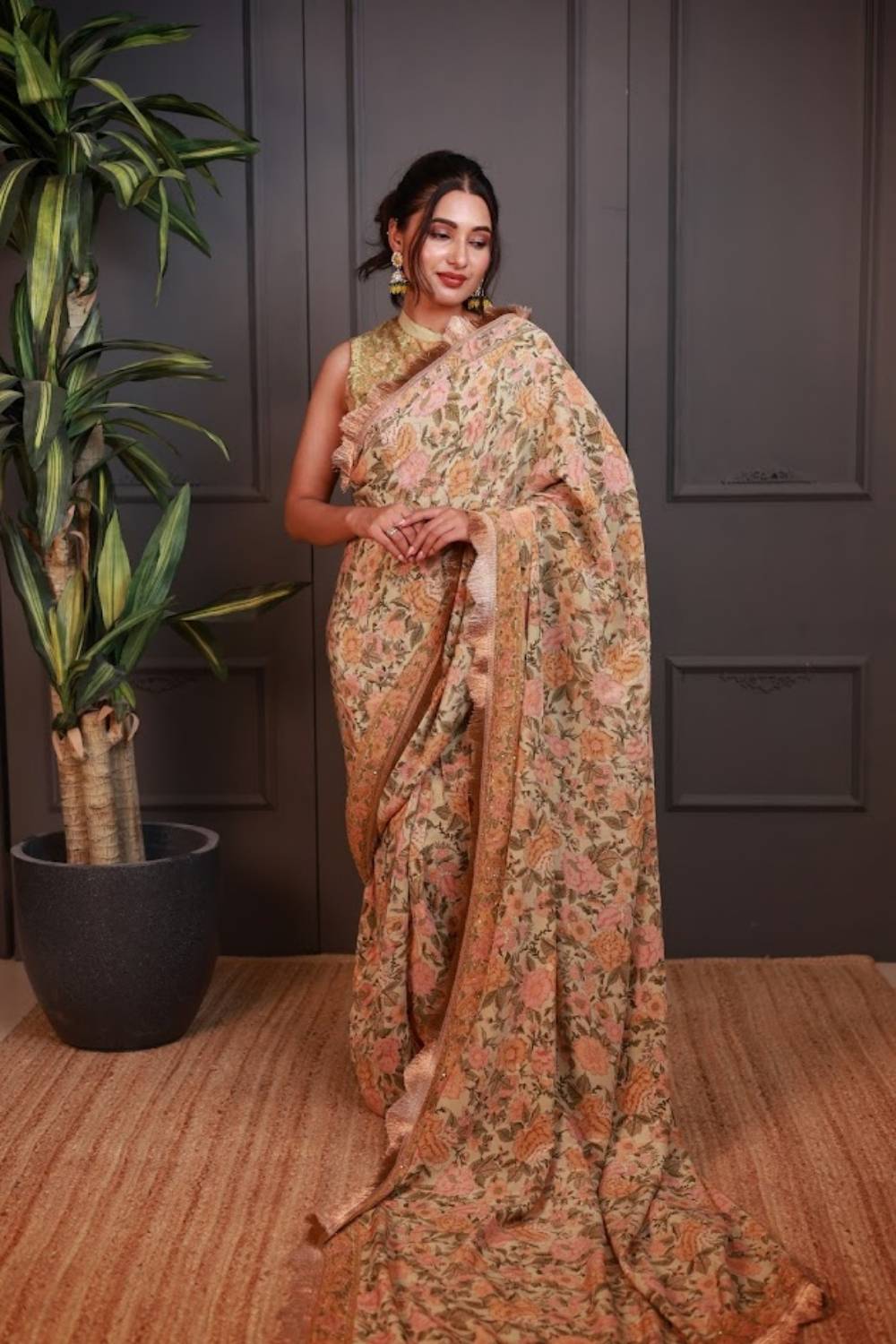Basant-e-Bahar | Pure Crepe Pre-Draped Saree with Floral Waistcoat Blouse