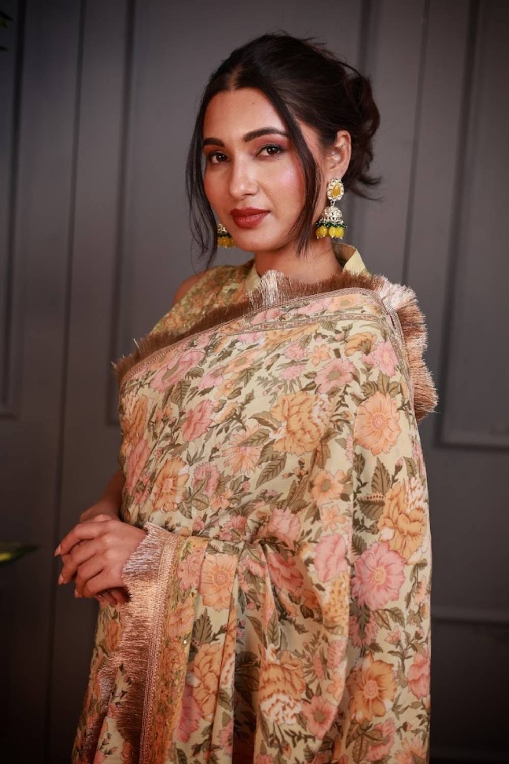 Basant-e-Bahar | Pure Crepe Pre-Draped Saree with Floral Waistcoat Blouse