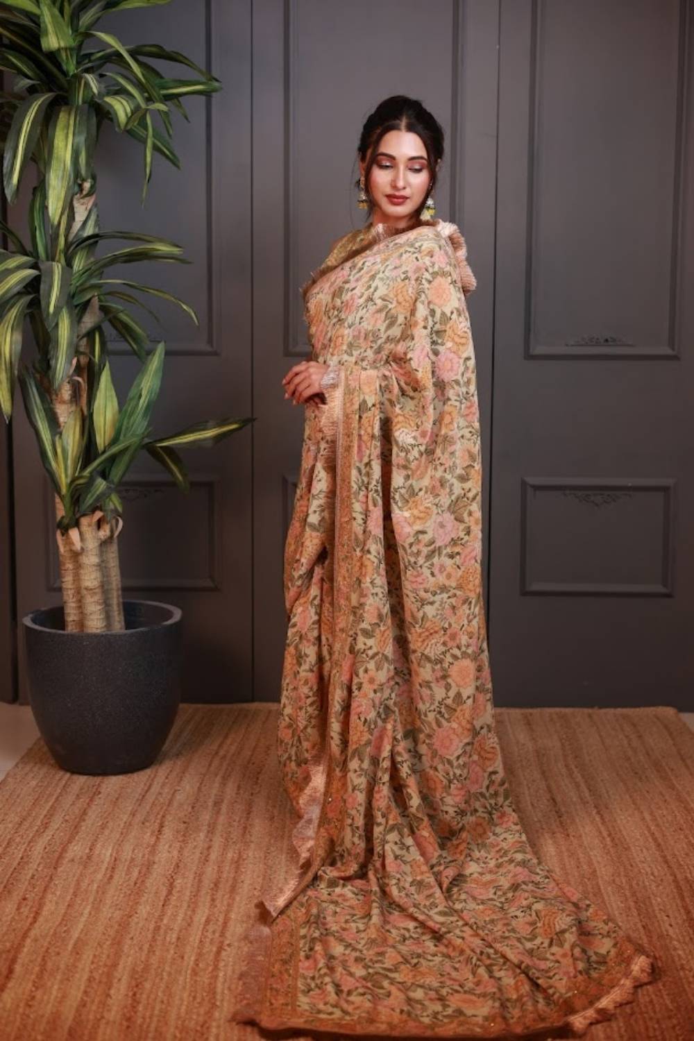 Basant-e-Bahar | Pure Crepe Pre-Draped Saree with Floral Waistcoat Blouse