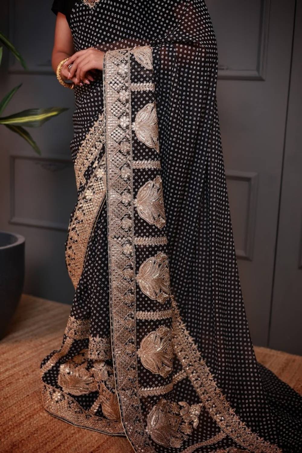Zar-e-Siyah | Black Georgette Saree with Heritage Gold Border