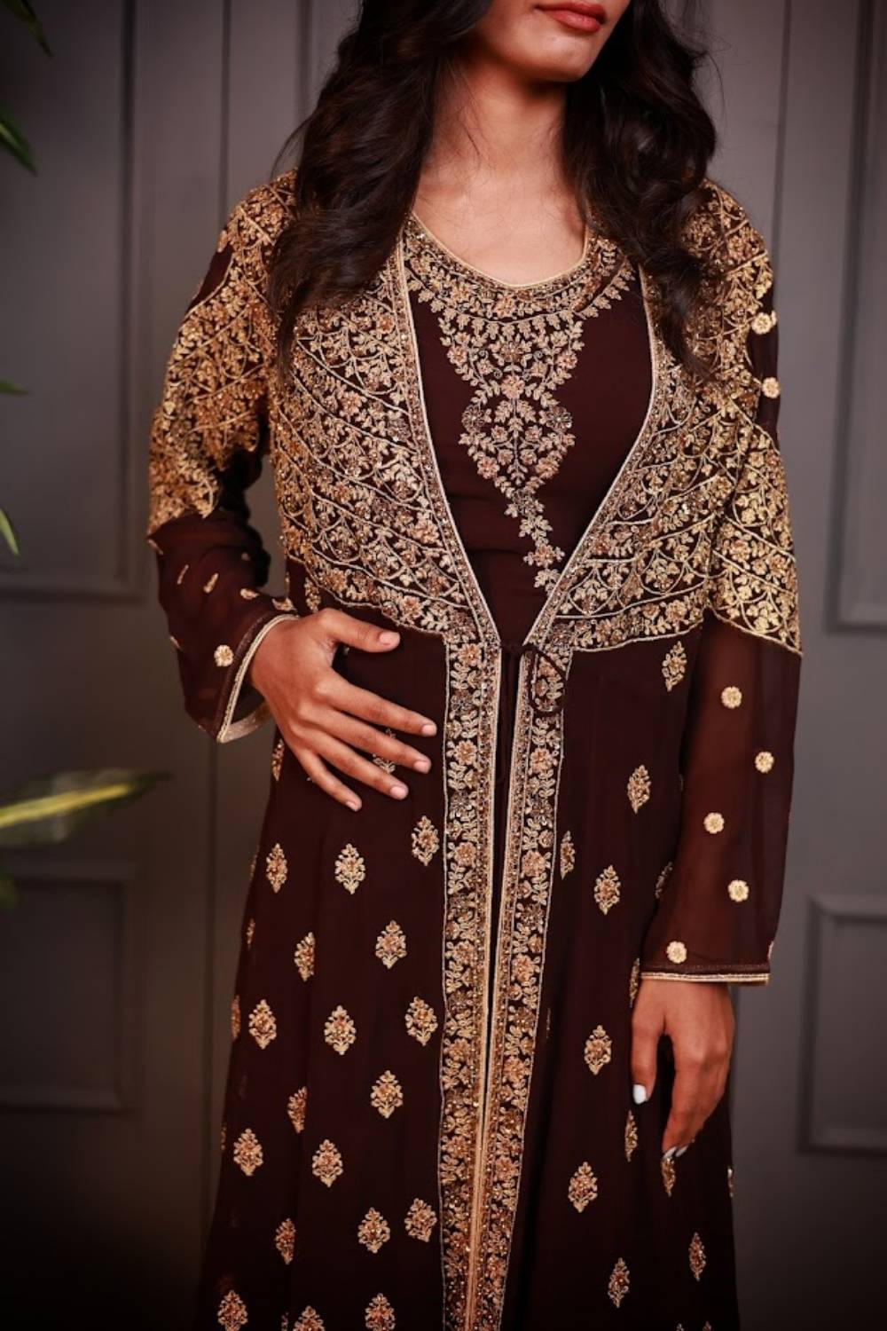 Zarqash | Handcrafted Zari Embroidered Shrug Gown Set