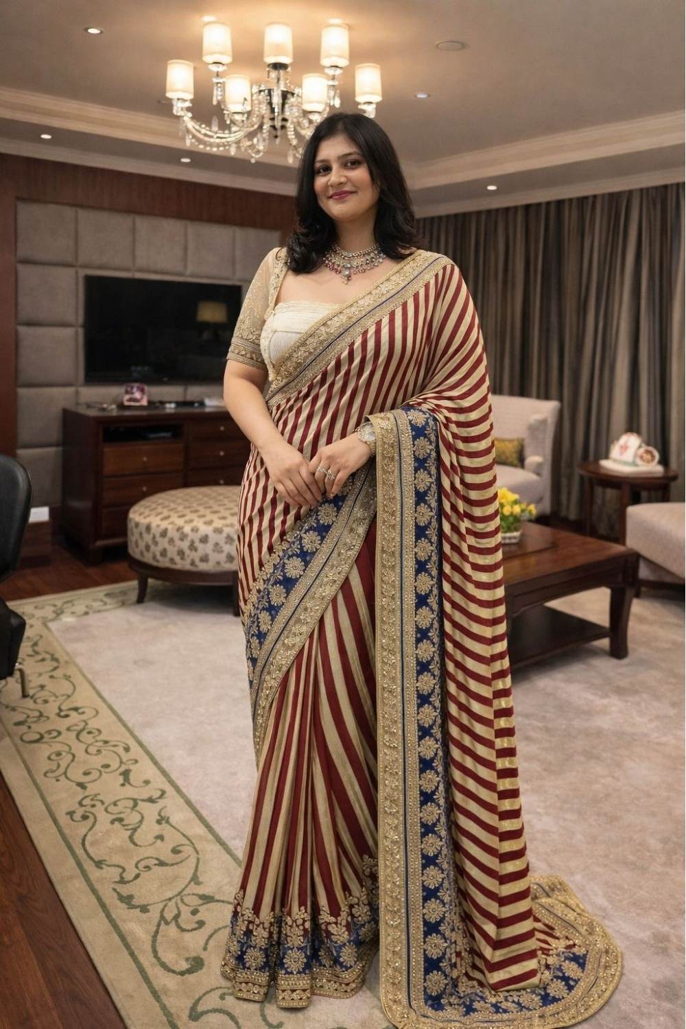 Royal Striped Zardozi Saree with Contrast Pallu