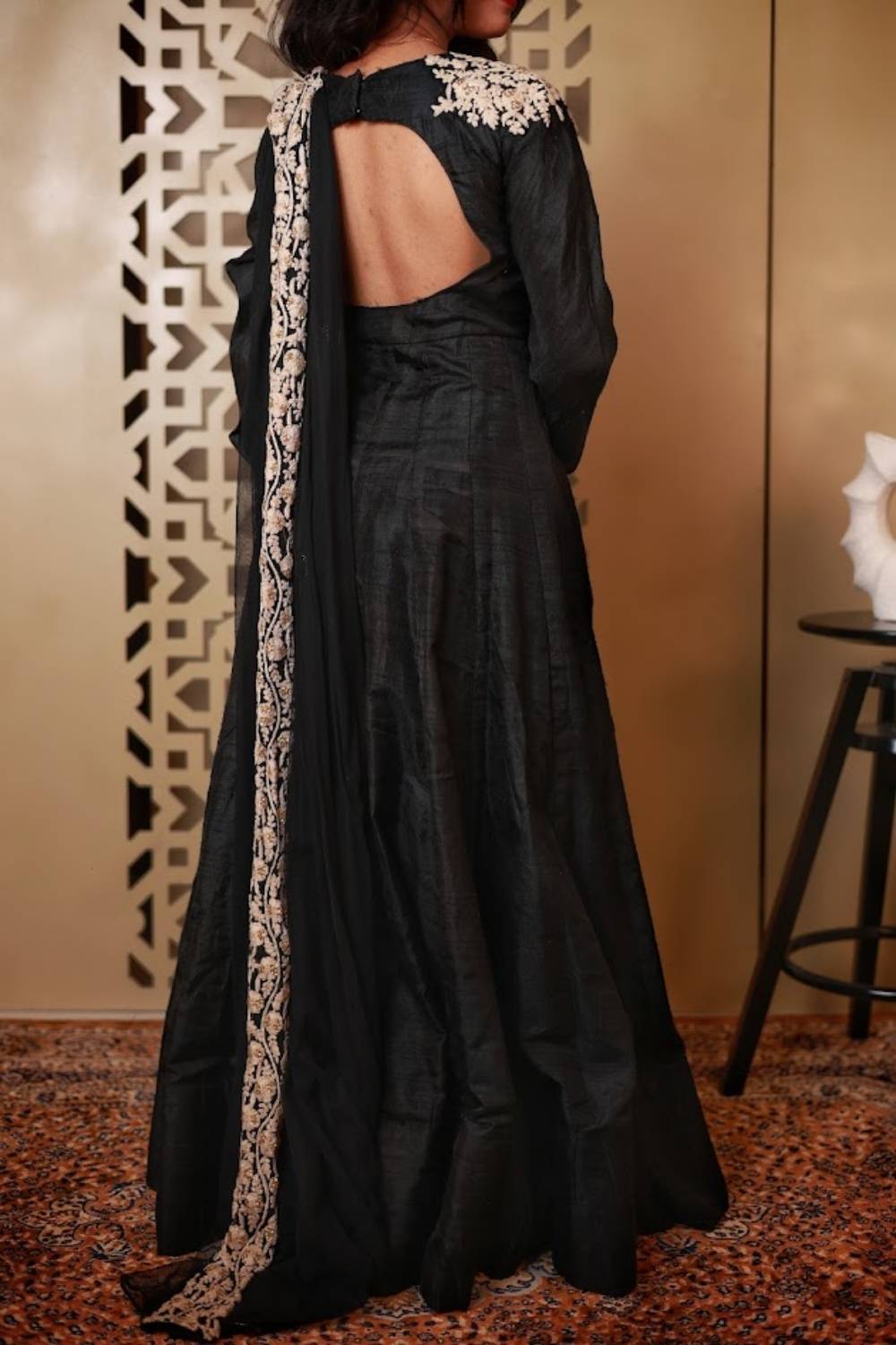 Midnight Noir | Kora Matka Silk Flared Gown with Ivory Embroidery