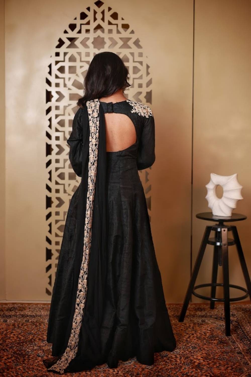 Midnight Noir | Kora Matka Silk Flared Gown with Ivory Embroidery