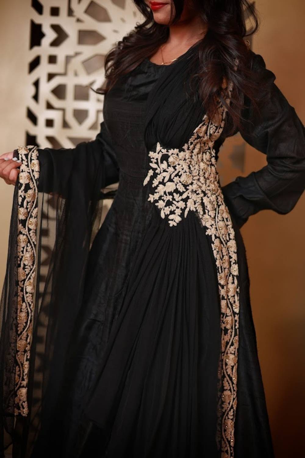 Midnight Noir | Kora Matka Silk Flared Gown with Ivory Embroidery