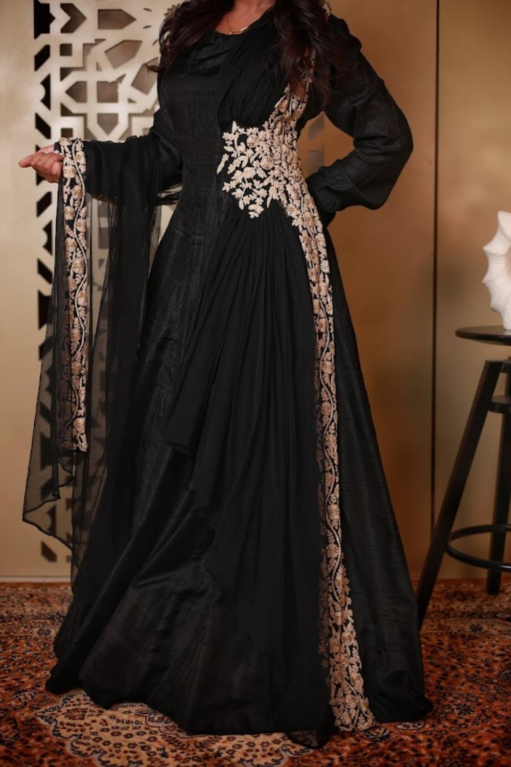 Midnight Noir | Kora Matka Silk Flared Gown with Ivory Embroidery