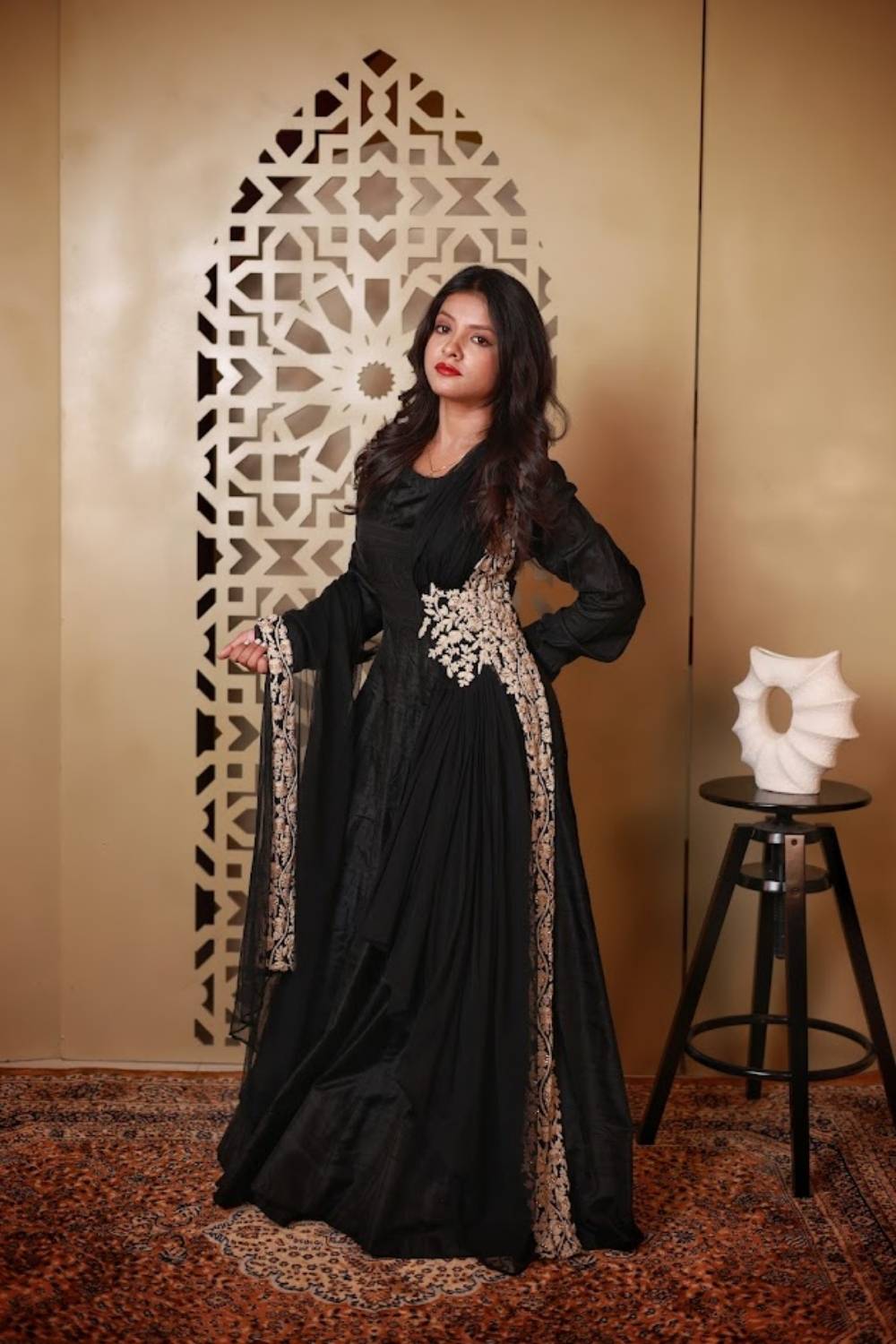 Midnight Noir | Kora Matka Silk Flared Gown with Ivory Embroidery