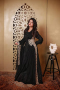 Midnight Noir | Kora Matka Silk Flared Gown with Ivory Embroidery