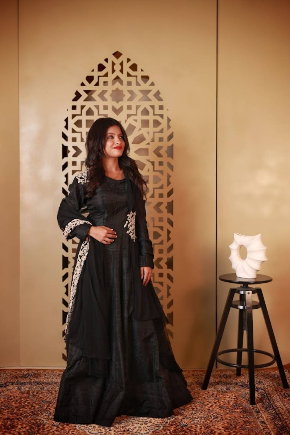 Midnight Noir | Kora Matka Silk Flared Gown with Ivory Embroidery