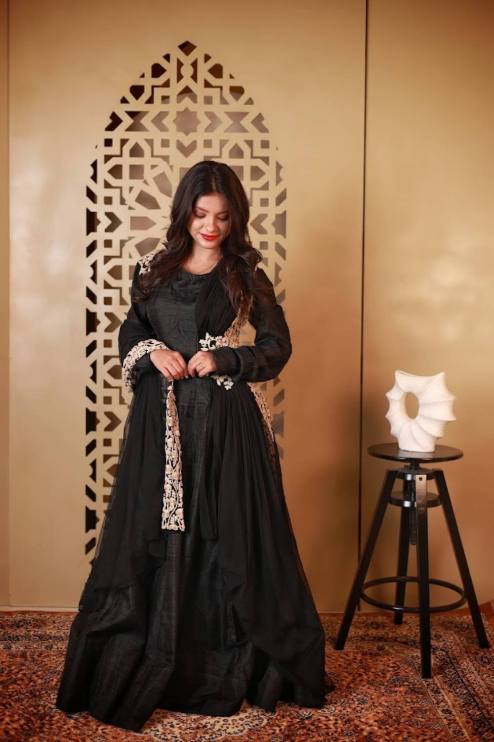 Midnight Noir | Kora Matka Silk Flared Gown with Ivory Embroidery