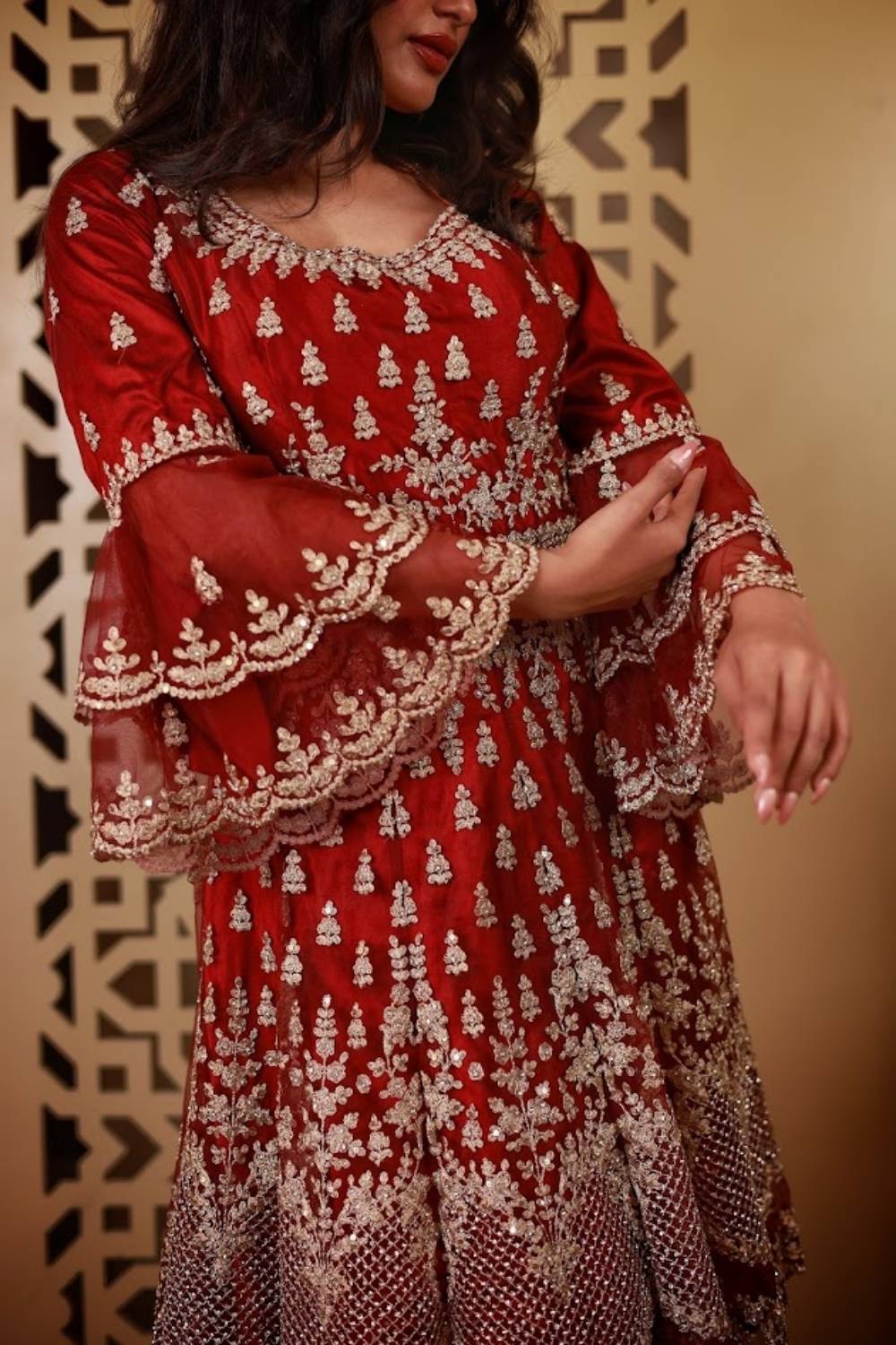 Crimson Zari Embroidered Net Anarkali Set with Palazzo & Dupatta