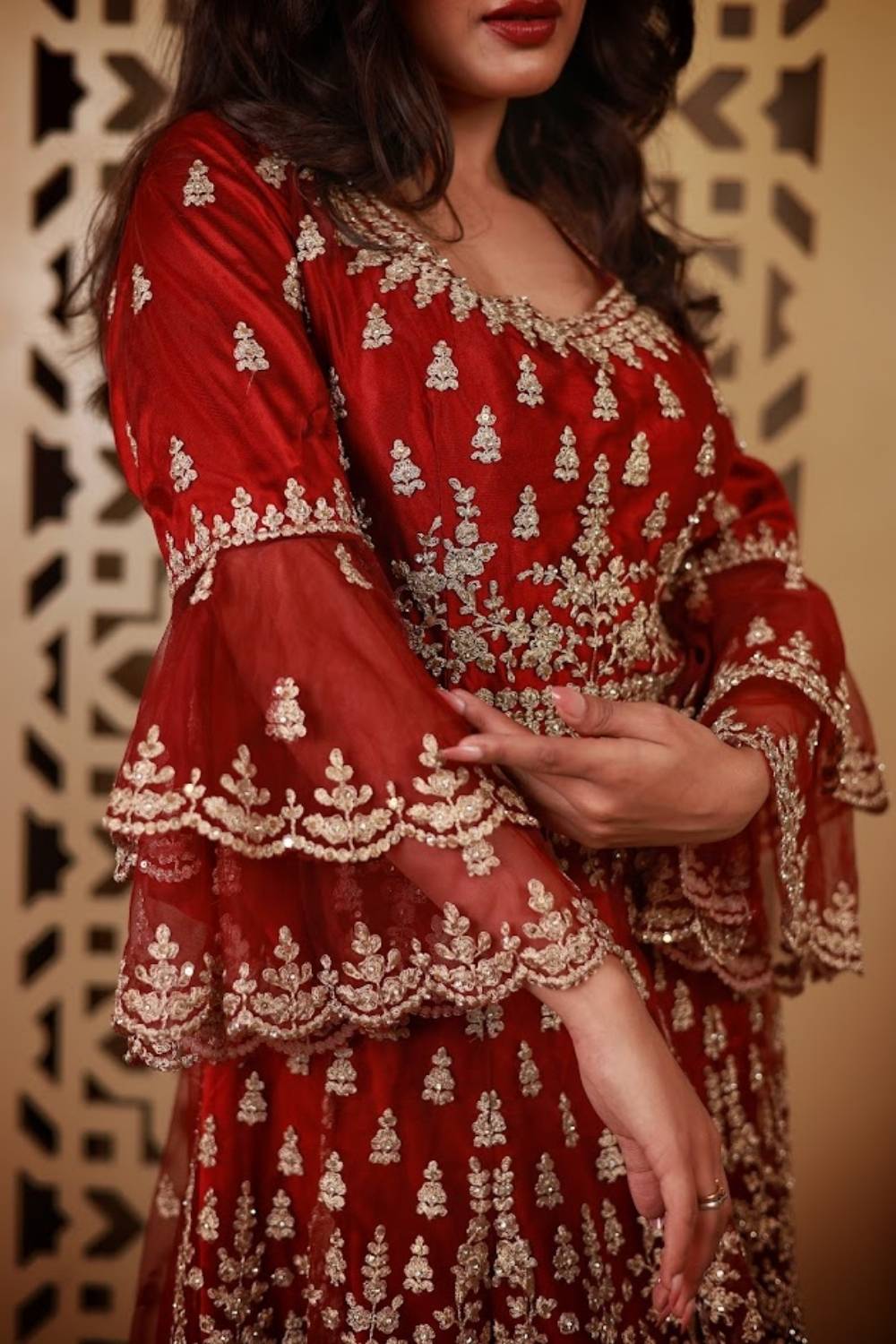 Crimson Zari Embroidered Net Anarkali Set with Palazzo & Dupatta