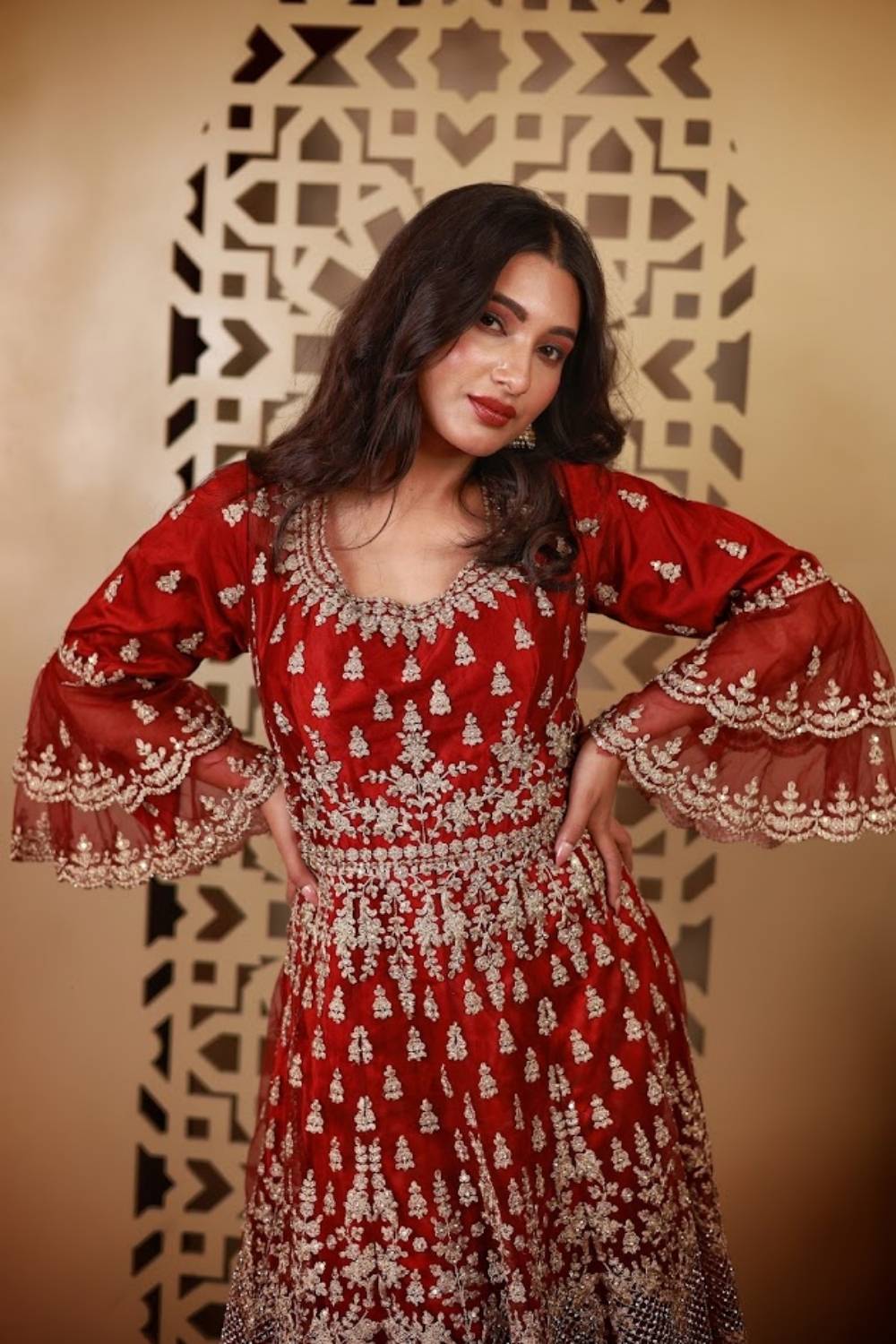 Crimson Zari Embroidered Net Anarkali Set with Palazzo & Dupatta