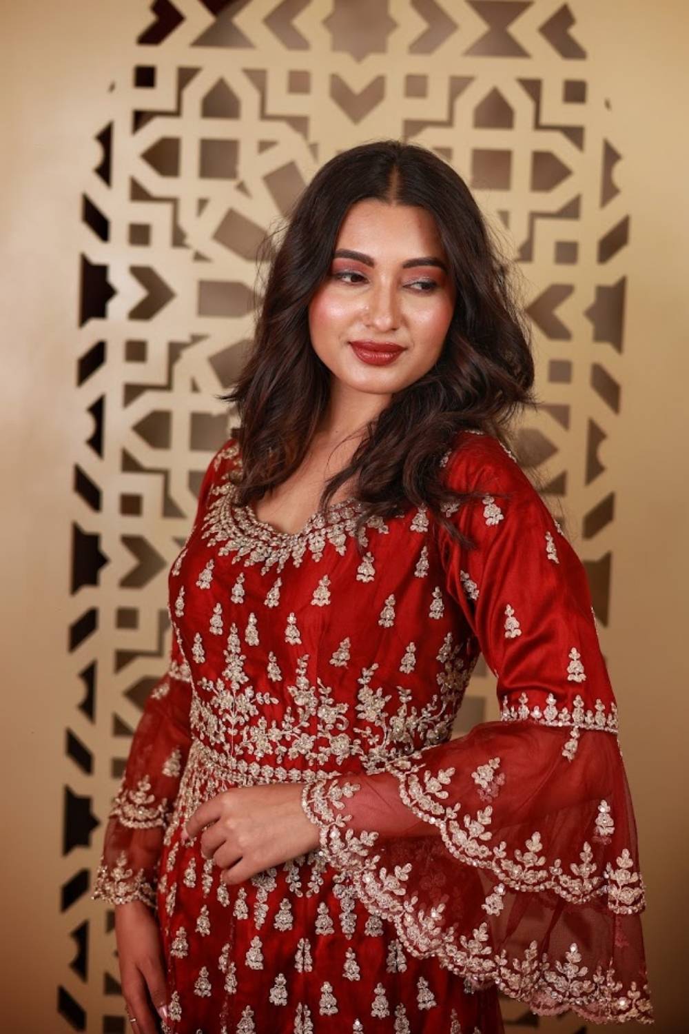 Crimson Zari Embroidered Net Anarkali Set with Palazzo & Dupatta